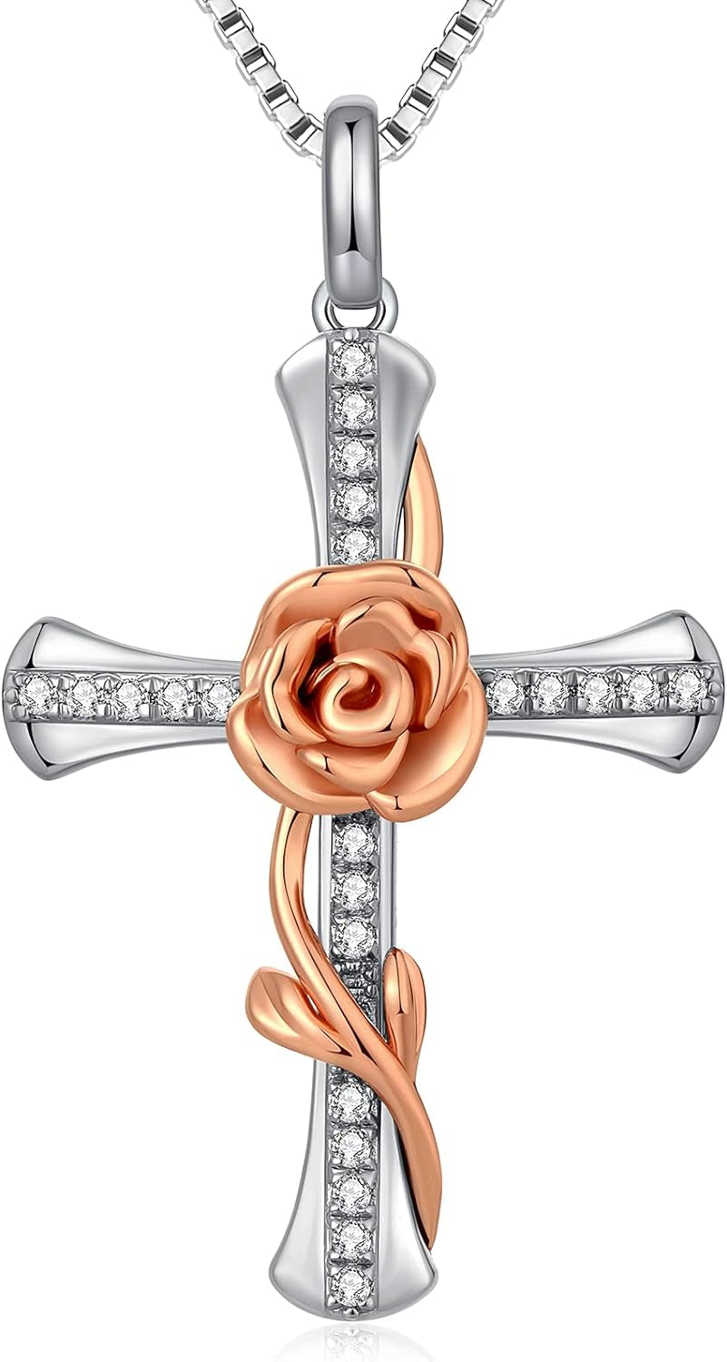 Rose Cross Necklace for Women 925 Sterling Silver Infinity Cross Pendant with Birthstone Cubic Zirconia, Cross Jewelry Gift for Women Mom Girlfriend, with Gift Box