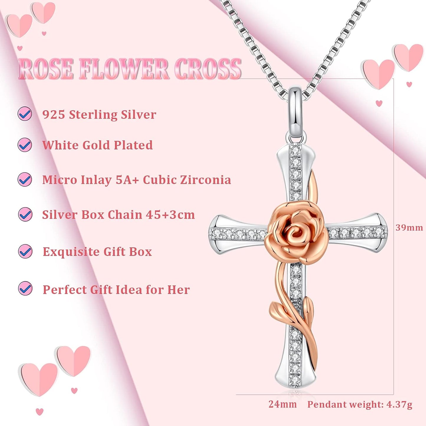 Rose Cross Necklace for Women 925 Sterling Silver Infinity Cross Pendant with Birthstone Cubic Zirconia, Cross Jewelry Gift for Women Mom Girlfriend, with Gift Box