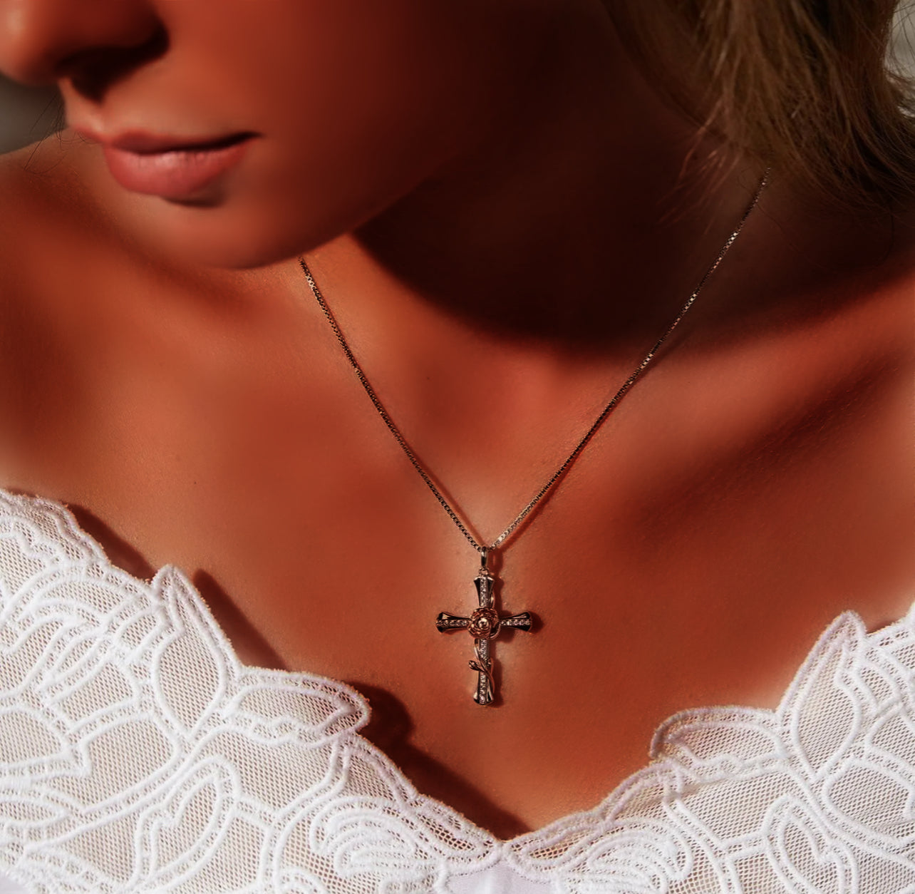 Rose Cross Necklace for Women 925 Sterling Silver Infinity Cross Pendant with Birthstone Cubic Zirconia, Cross Jewelry with Gift Box
