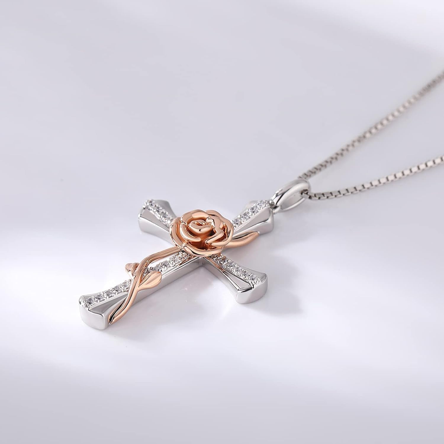 Rose Cross Necklace for Women 925 Sterling Silver Infinity Cross Pendant with Birthstone Cubic Zirconia, Cross Jewelry Gift for Women Mom Girlfriend, with Gift Box