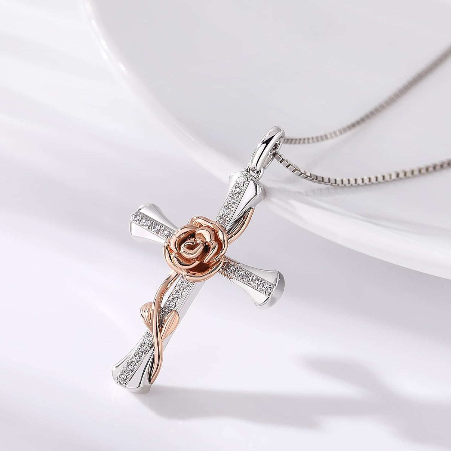 Rose Cross Necklace for Women 925 Sterling Silver Infinity Cross Pendant with Birthstone Cubic Zirconia, Cross Jewelry Gift for Women Mom Girlfriend, with Gift Box